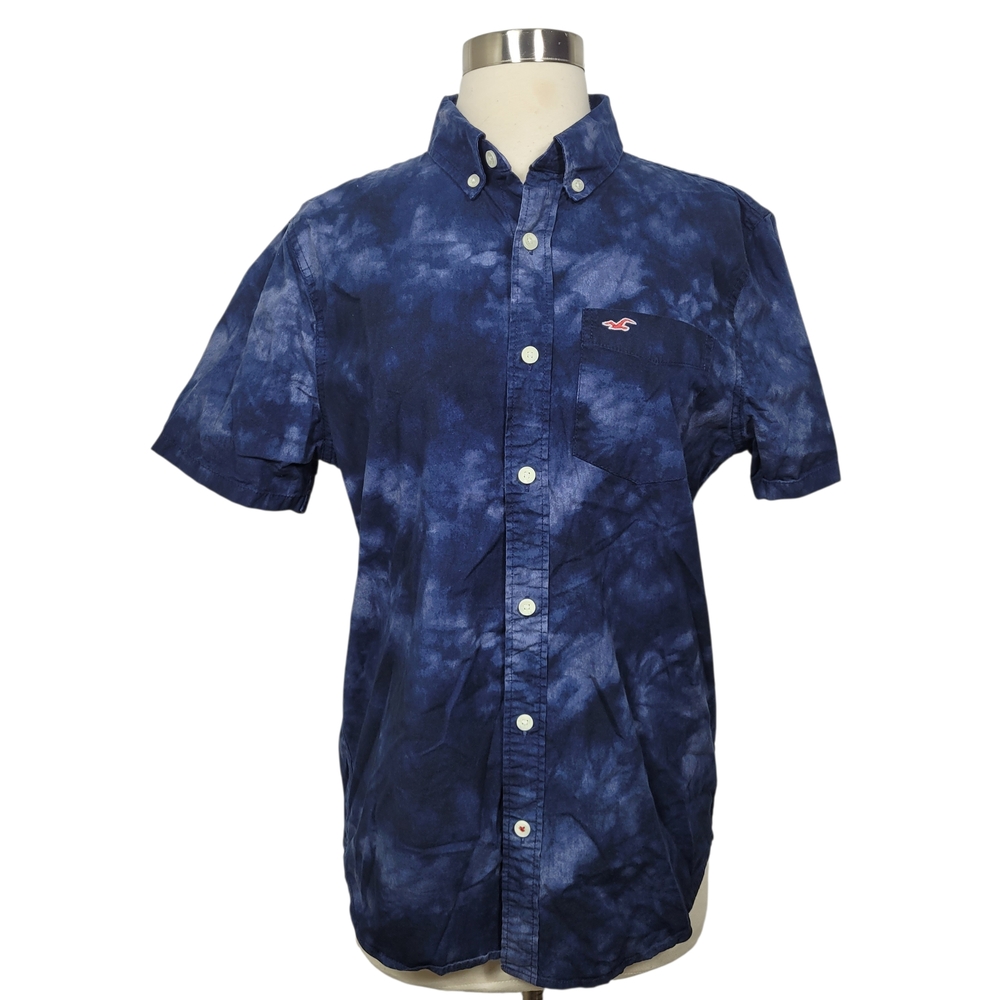 Hollister Men's Navy Tie-Dye Button-Down Epic Flex Stretch Shirt Size Small